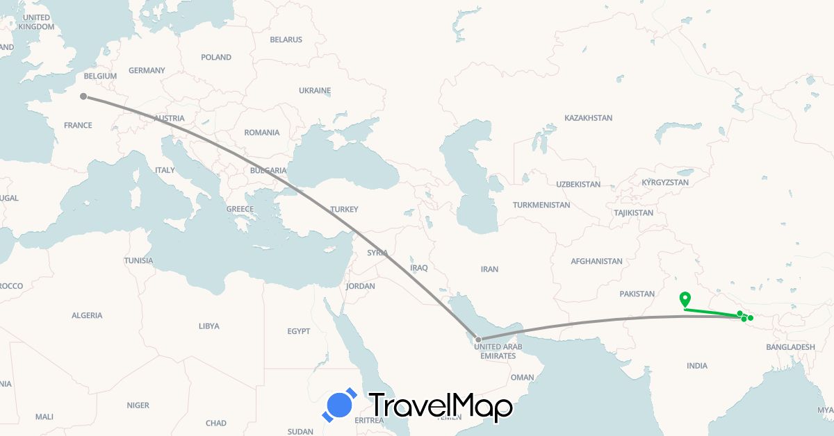 TravelMap itinerary: driving, bus, plane in France, India, Nepal, Qatar (Asia, Europe)